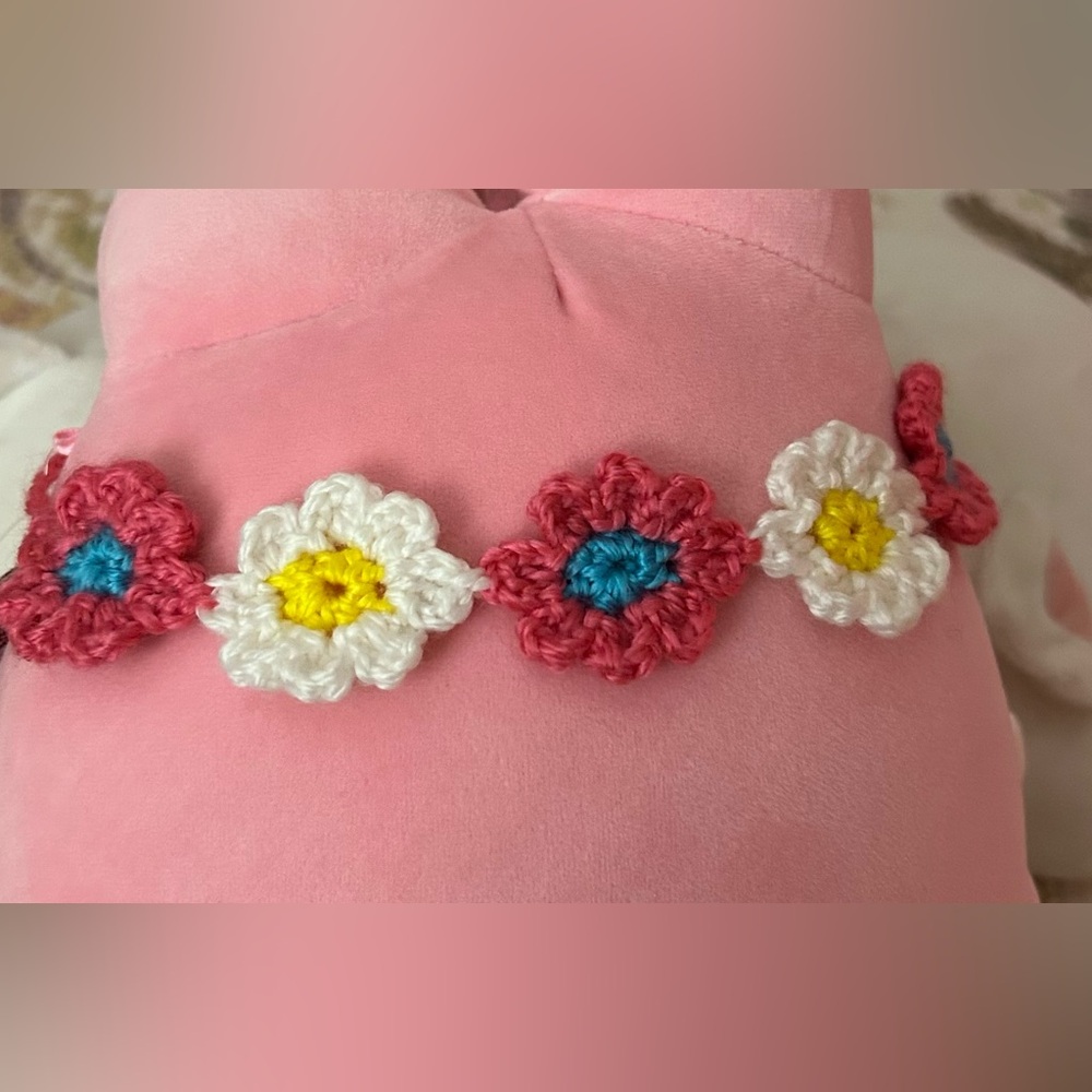 Small size Pink and White Daisy Crochet Flower Headband with yellow and blue